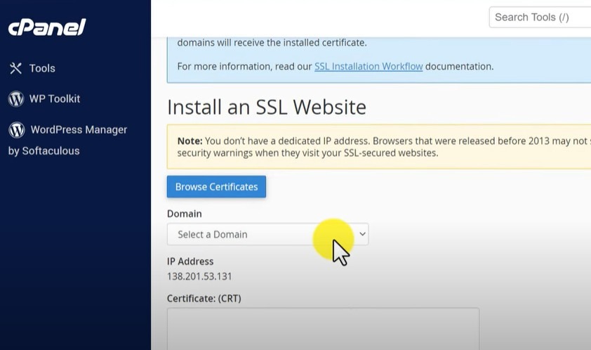 select the domain for ssl